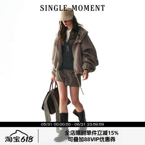 SINGLE MOMENT 25AW法式冬季羊毛短款下摆可调节连帽双面呢外套女