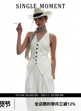 SINGLE MOMENT25SS秋季新款法式v领无袖设计休闲修身马甲白色套装