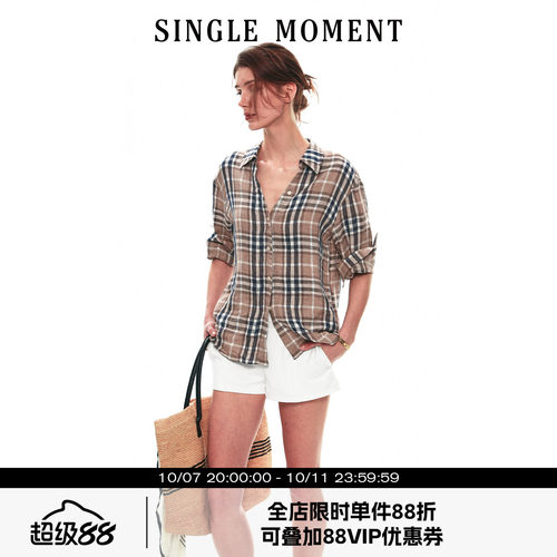 SINGLE MOMENT 26SS法式夏季复古亚麻格纹五分袖卷边衬衫上衣女