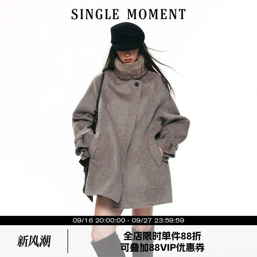 SINGLE MOMENT 26AW法式冬季可拆卸毛领斜门襟双面呢大衣保暖外套