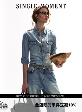 SINGLE MOMENT 2025SS春季复古水洗做旧牛仔衬衫女宽松休闲上衣女
