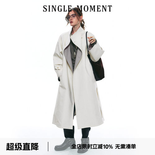 SINGLE MOMENT 25AW秋季双面缎纹A字廓形半立领长款风衣外套女