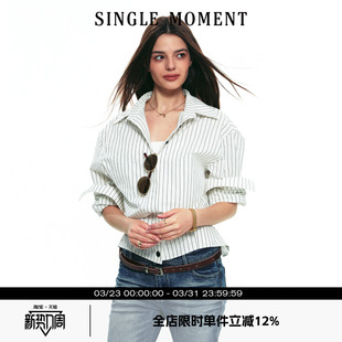 新款 法式 长袖 MOMENT25AW 女上衣 条纹衬衫 秋季 短款 SINGLE 收腰修身