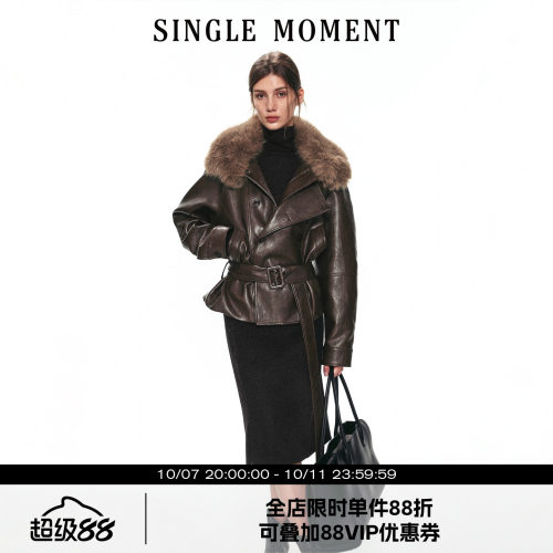 SINGLE MOMENT 26AW法式通勤可拆卸毛领双排扣拉链皮革外套上衣女