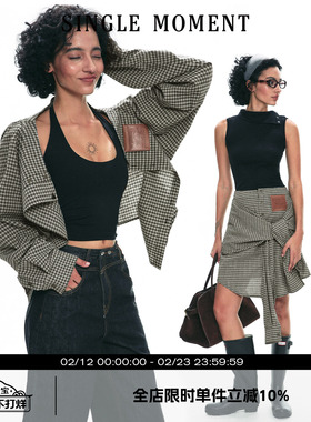 SINGLE MOMENT 25SS解构衬衫不规则设计两穿格纹半裙衬衫裙女