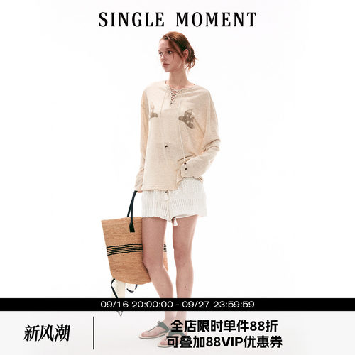 SINGLE MOMENT 26SS法式针织慵懒和平鸽印花宽松麻感长袖T恤上衣