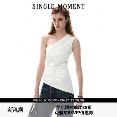 SINGLE MOMENT 26SS夏季法式放射压褶斜肩针织上衣背心无袖T恤女