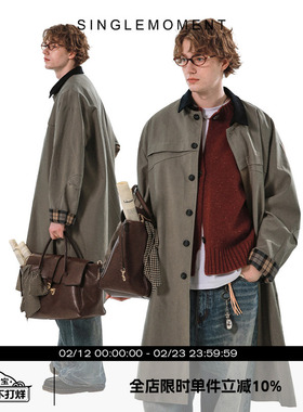 SINGLE MOMENT 格子拼接翻领双色高级质感双色巴恩风衣外套男女