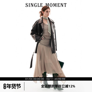 SINGLE MOMENT 26SS法式PU皮短款收腰宽松系带长袖风衣外套上衣女