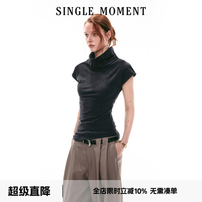 SINGLE MOMENT 26SS法式夏季休闲翻领小飞袖修身针织T恤上衣女