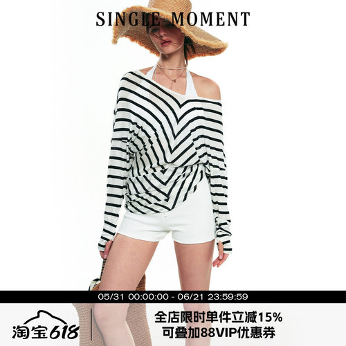 SINGLE MOMENT 25SS夏季法式一字设计感天丝条纹长袖防晒T恤上衣