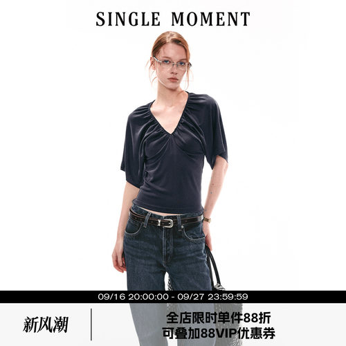 SINGLE MOMENT 26SS法式夏季休闲抽褶V领蝙蝠袖T恤上衣宽松短袖女