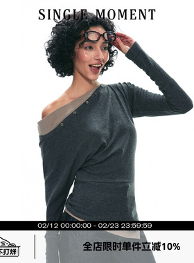 SINGLE MOMENT 25SS斜肩假两件长袖T恤打底衫弹力修身显瘦上衣女
