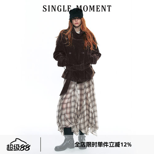 SINGLE MOMENT 25AW法式复古植绒大立领短款双排扣系腰风衣外套女