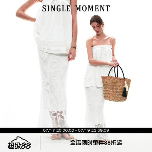 SINGLE MOMENT 26SS夏季法式透气镂空花朵钩针毛织修身长裙半身裙