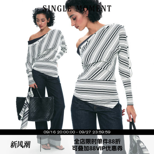 SINGLEMOMENT斜肩假两件打底衫
