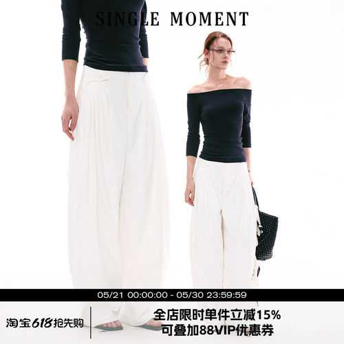 SINGLE MOMENT 26SS法式复古剑褶休闲西裤阔腿裤宽松直筒长裤女春