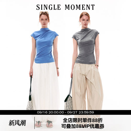 SINGLE MOMENT 26SS法式夏季半高领小飞袖修身褶皱T恤无袖上衣女