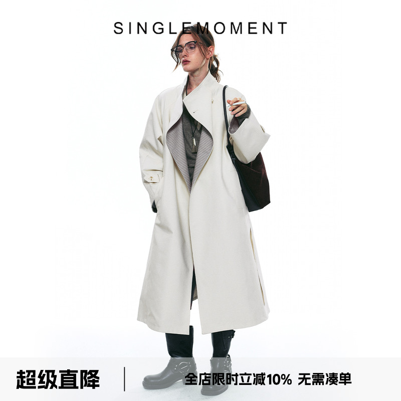 SINGLE MOMENT 25AW秋季双面缎纹A字廓形半立领长款风衣外套女