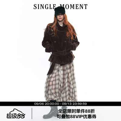 SINGLE MOMENT 25AW法式复古植绒大立领短款双排扣系腰风衣外套女