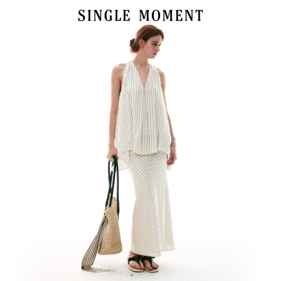 SINGLE MOMENT 26SS法式浪漫挂脖扭花A摆花苞上衣系带斜丝半裙女