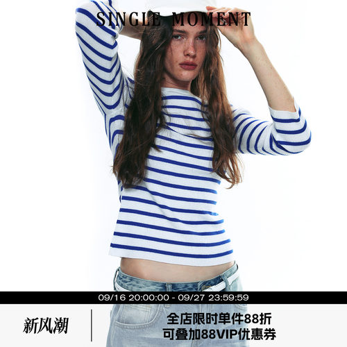 SINGLE MOMENT 25AW美利奴羊毛撞色条纹圆领八分袖针织衫T恤上衣