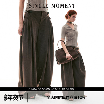 SINGLE MOMENT 26SS法式复古皮袢宽松裥褶休闲直筒宽松西裤阔腿裤