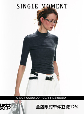SINGLE MOMENT 25SS天丝针织半高领运动休闲显瘦修身打底衫短袖女