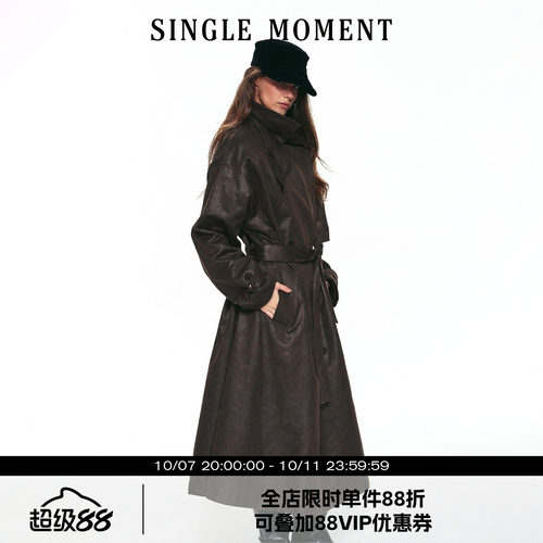 SINGLE MOMENT 26AW法式通勤复古蜡感双排扣立领长款风衣外套女