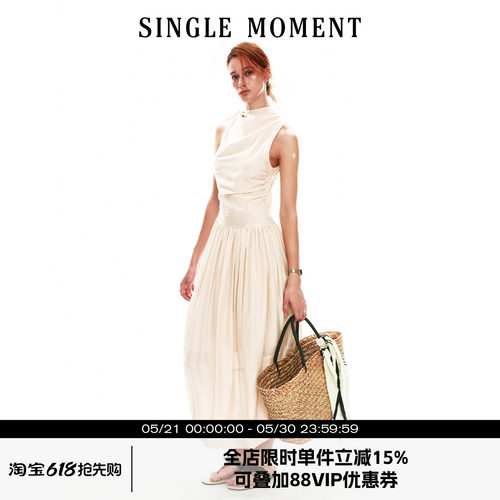 SINGLE MOMENT 26SS夏季法式休闲修身系带茧型空气感花苞连衣裙女