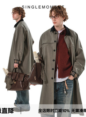 SINGLE MOMENT 格子拼接翻领双色高级质感双色巴恩风衣外套男女