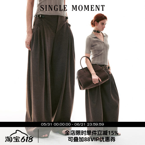 SINGLE MOMENT 26SS法式复古皮袢宽松裥褶休闲直筒宽松西裤阔腿裤