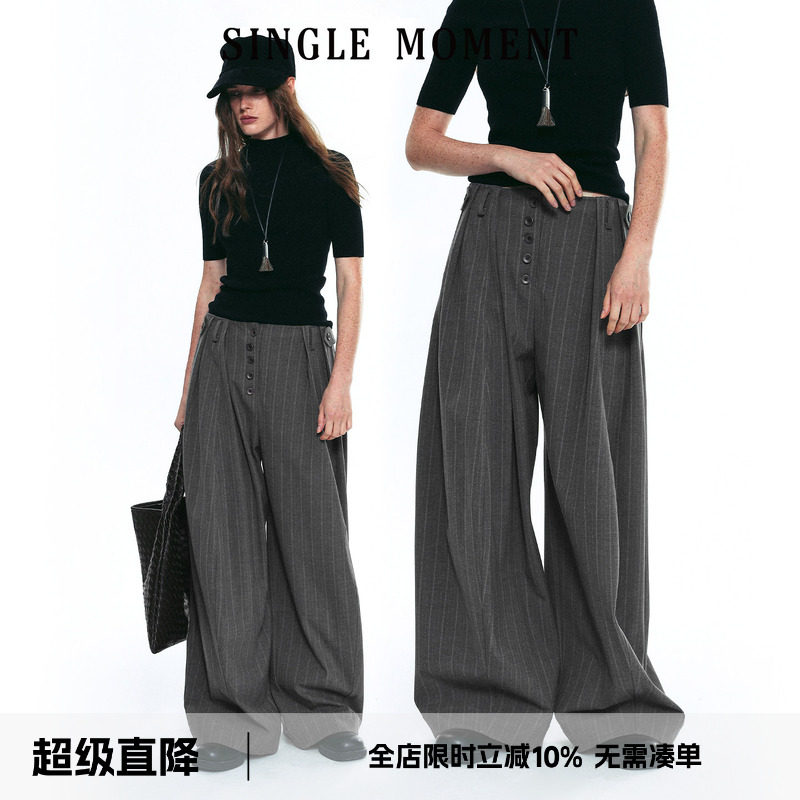 SINGLE MOMENT 25AW百搭直筒宽松阔腿条纹休闲剑道裤休闲裤女长裤图片