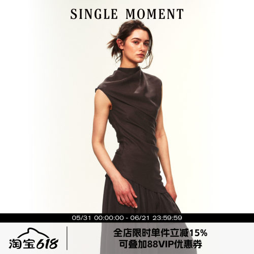 SINGLE MOMENT 26SS夏季法式帆船领不对称斜肩抽褶无袖上衣T恤女