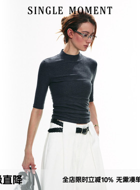 SINGLE MOMENT 25SS天丝针织半高领运动休闲显瘦修身打底衫短袖女