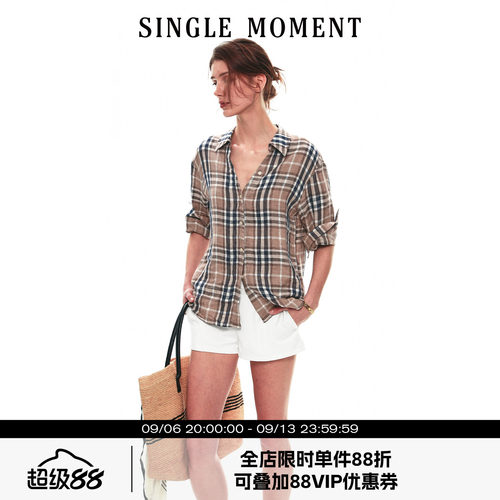 SINGLE MOMENT 26SS法式夏季复古亚麻格纹五分袖卷边衬衫上衣女