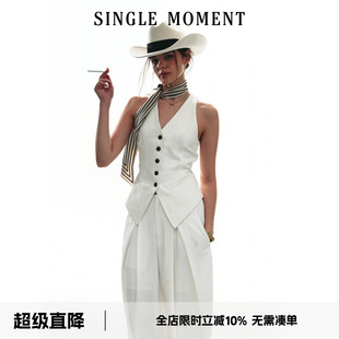 SINGLE MOMENT25SS秋季新款法式v领无袖设计休闲修身马甲白色套装