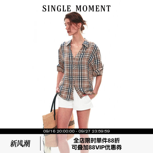 SINGLE MOMENT 26SS法式夏季复古亚麻格纹五分袖卷边衬衫上衣女