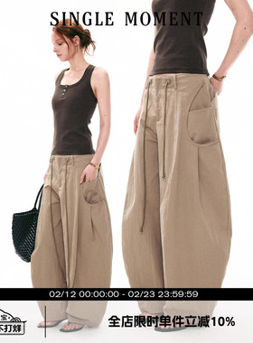 SINGLE MOMENT 26SS美式复古大口袋工装遛弯裤弯刀裤阔腿裤长裤女
