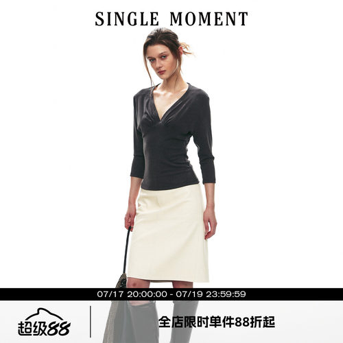 SINGLE MOMENT 26AW法式都市通勤深V收褶七分袖套头针织T恤上衣女