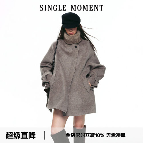 SINGLE MOMENT 26AW法式冬季可拆卸毛领斜门襟双面呢大衣保暖外套
