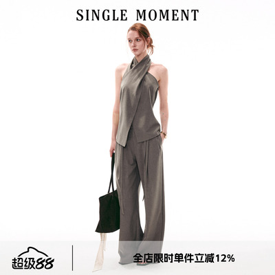 SINGLE MOMENT 26SS法式复古交叉领挂脖无袖上衣直筒休闲西裤套装