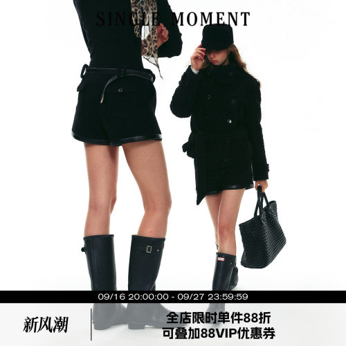 SINGLE MOMENT 25AW法式秋冬羊毛休闲直筒宽松圈圈毛拼皮短裤女