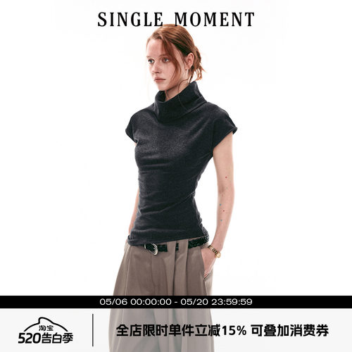 SINGLE MOMENT 26SS法式夏季休闲翻领小飞袖修身针织T恤上衣女