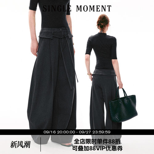 SINGLE MOMENT 26SS法式条纹活页宽边抽绳直筒宽松休闲西裤直筒裤