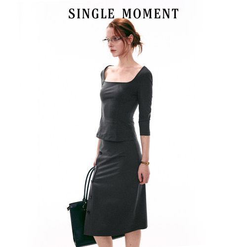 SINGLE MOMENT 26SS法式方领通勤修身显瘦五分袖上衣T恤套装女