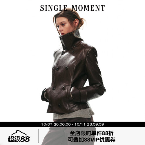 SINGLE MOMENT 26AW法式复古高领双排扣短款修身收腰外套上衣女秋