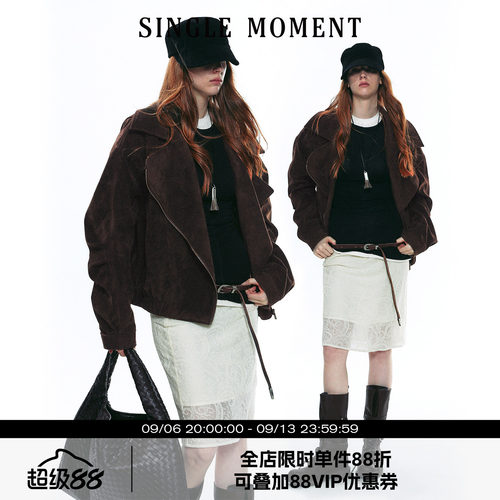SINGLE MOMENT 25AW法式复古短款麂皮绒翻领夹克外套工装上衣女