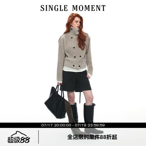 SINGLE MOMENT 26AW法式立领休闲风宽松双排扣毛衣开衫长袖外套女