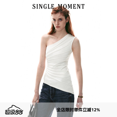 SINGLE MOMENT 26SS夏季法式放射压褶斜肩针织上衣背心无袖T恤女